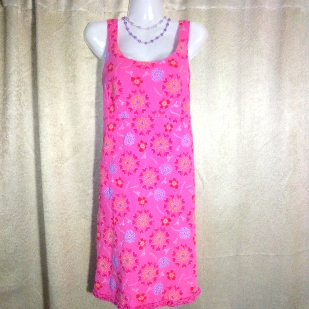 Fresh Produce 100% Cotton Pink Floral Dress with Hearts Size M
